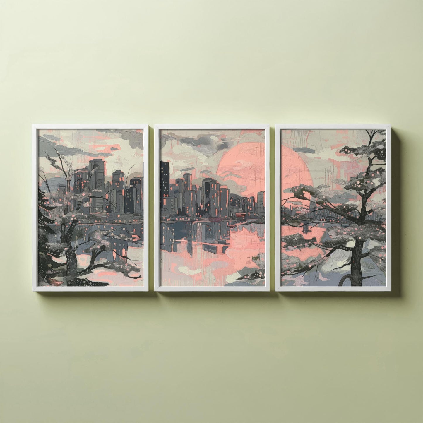 Vancouver Skyline Set of Three Art Prints V2 - Pink Sunset Cherry Blossom Cityscape - Line Illustration Poster Canada Wall Decor