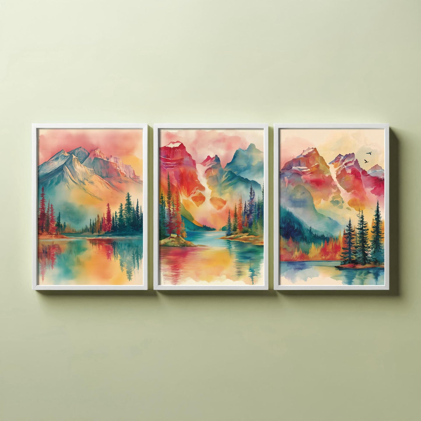 Canadian Rockies Set of Three Art Prints - 3 Vibrant Mountain Lake Watercolour Posters - Rainbow Landscape Wall Decor Canada Gift