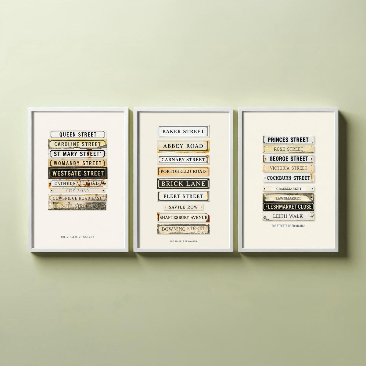 Cardiff London Edinburgh Street Signs Set of Three Art Prints - Stacked City Road Name Plates - Vintage Typographic Illustration Posters