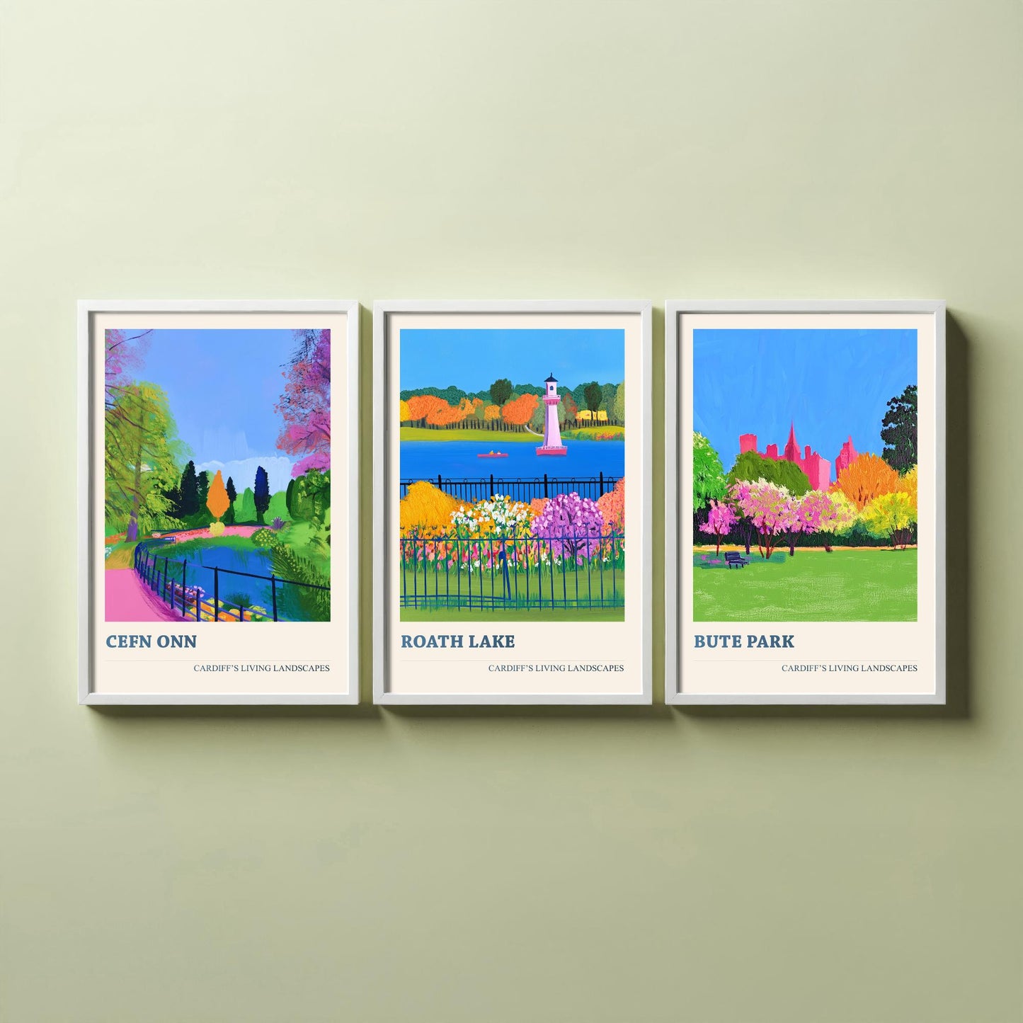 Cardiff Parks Set of Three Art Prints | Cefn Onn Roath Lake Bute Park | Bold Cardiff Landscape Painting Wall Poster Wales