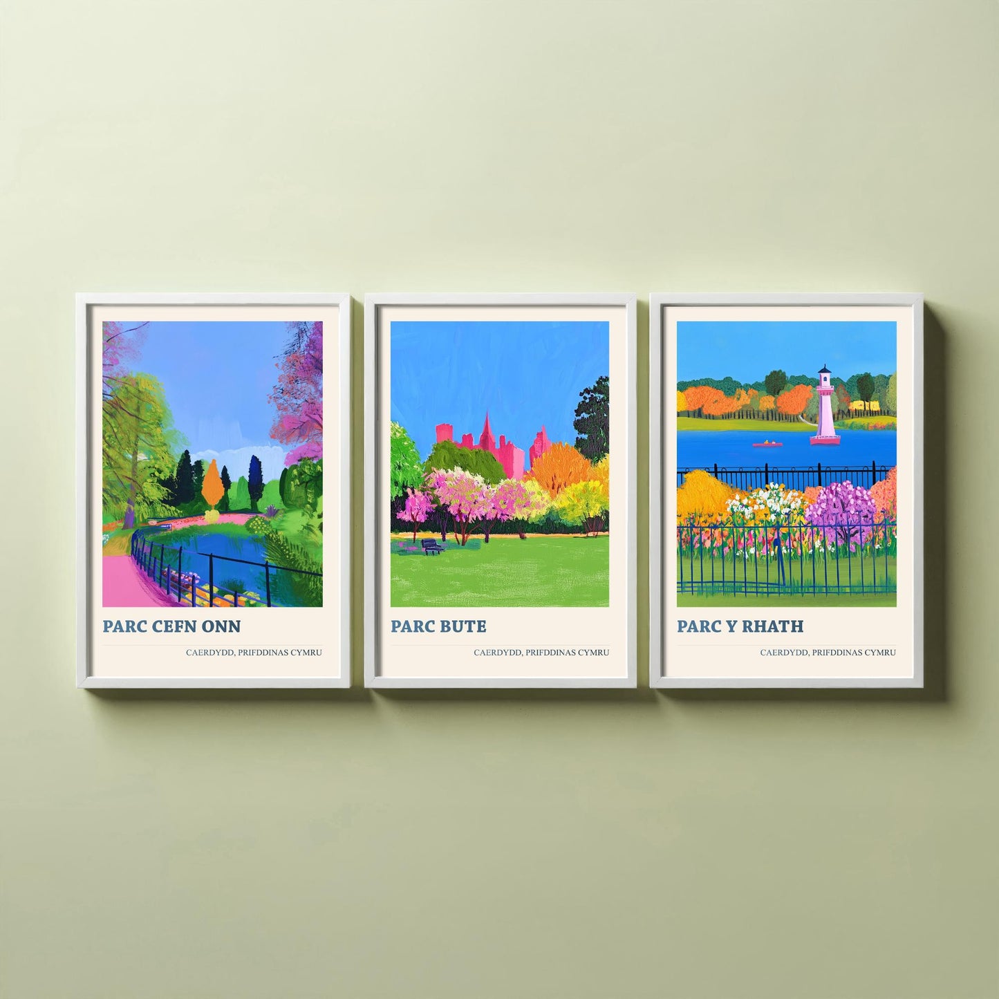 Cardiff Parks Welsh Set of Three Prints | Parc Cefn Onn Parc Bute Parc y Rhath | Bold Caerdydd Landscape Painting Wall Art Poster