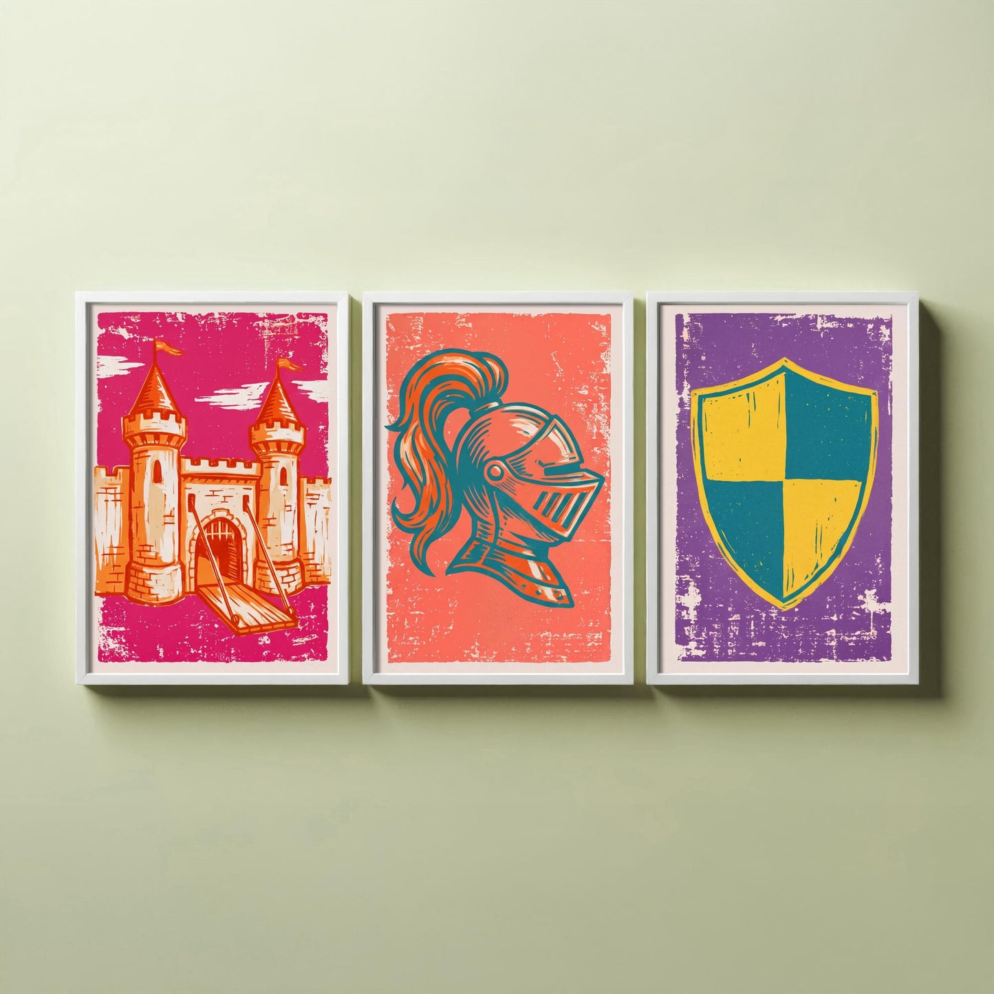 Castle, Knight Helmet & Shield - Set of Three Medieval Art Prints - Linocut Illustrations - Castles and Knights Posters V1