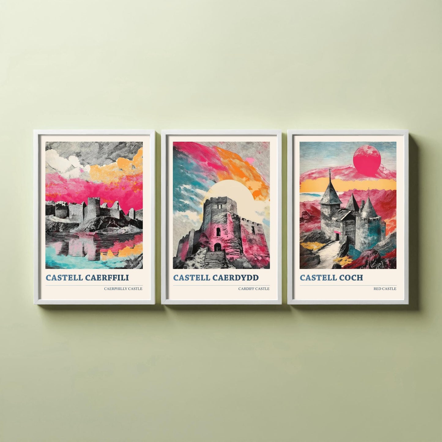 Castles of Wales Set of Three Prints | Caerphilly Cardiff Castle Coch | Bold Halftone Illustration Wall Art Poster Welsh Gift