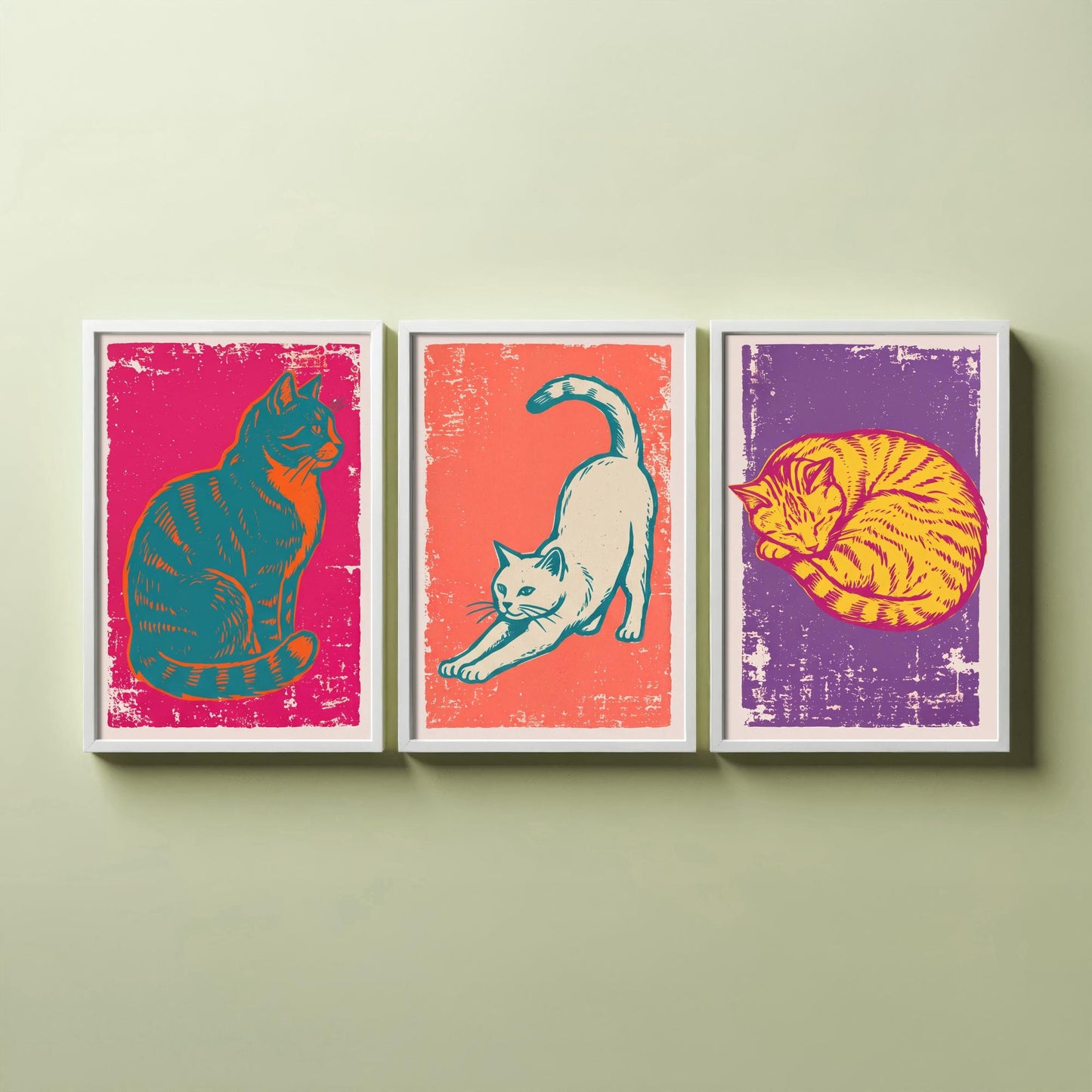 Sitting Cat, Stretching Cat and Sleeping Cat - Set of Three Cat Art Prints - Linocut Illustrations - Cat Posters V1