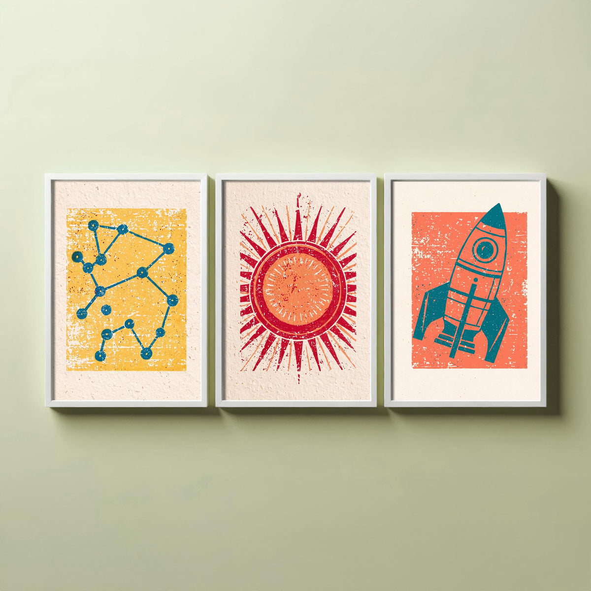 Celestial Space Linocut Set of Three Art Prints - Constellation, Blazing Sun, Rocket Ship - Retro Block Print Illustration Posters V2