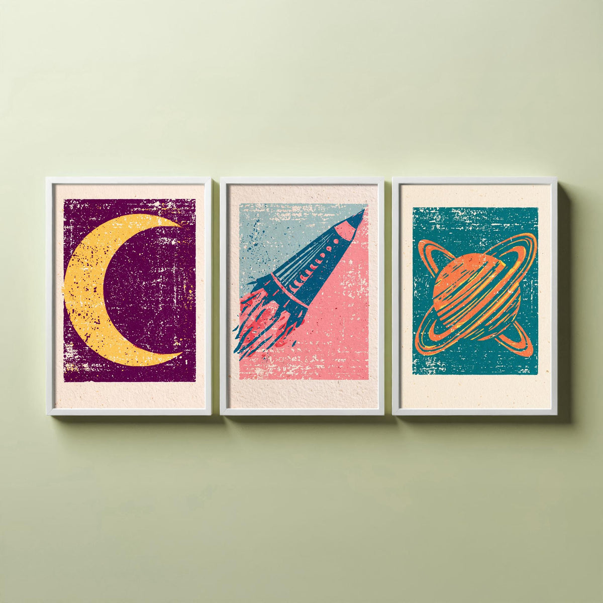 Celestial Space Linocut Set of Three Art Prints - Crescent Moon, Rocket Launch, Saturn - Retro Block Print Illustration Posters V1