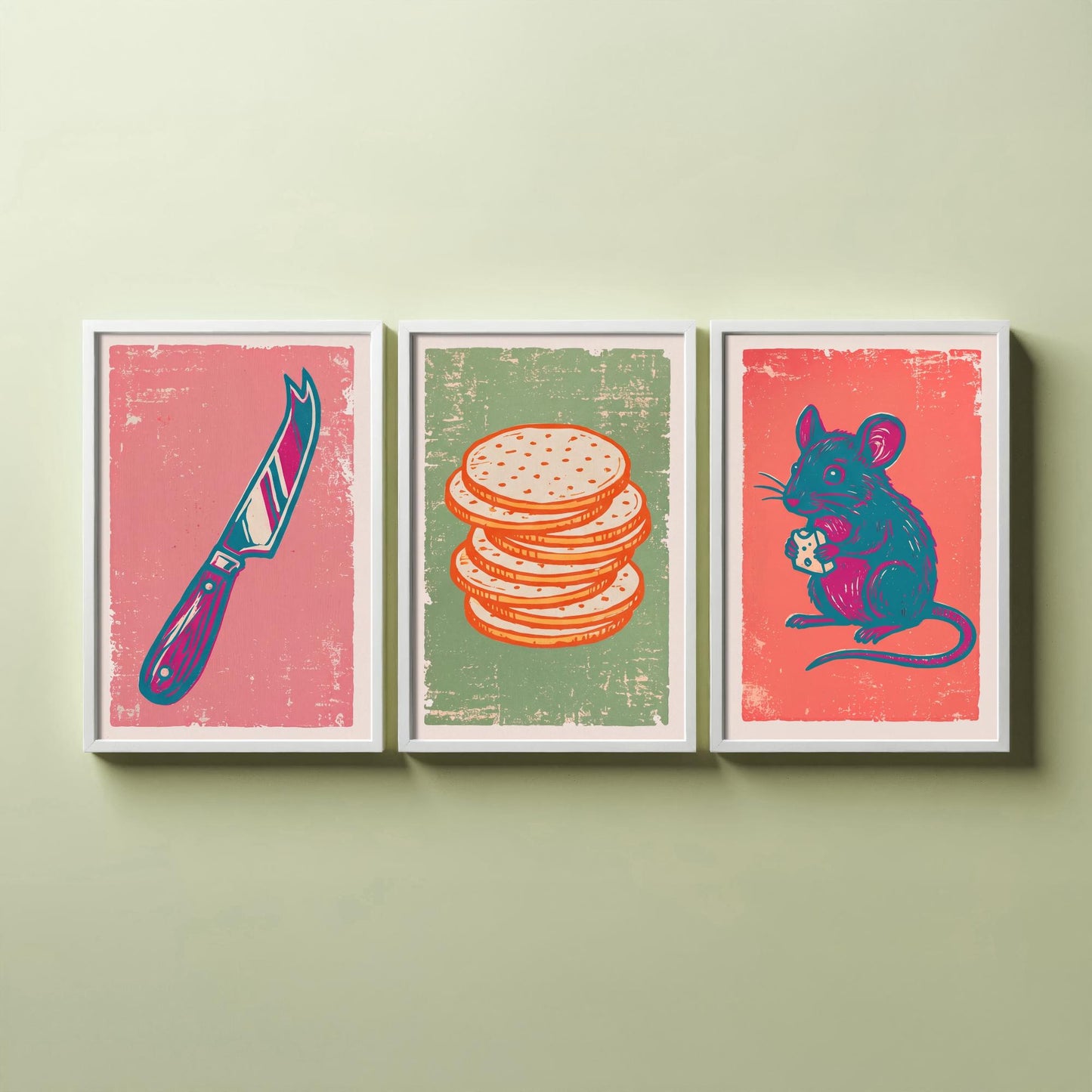 Set of Three Cheese Board Art Prints - Cheese Knife, Crackers, Mouse - Linocut Illustrations - Kitchen Triptych Posters V2