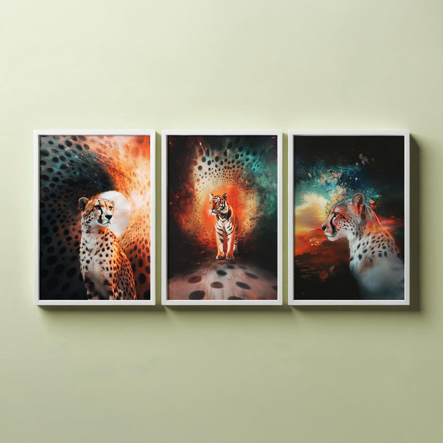 Big Cats Set of Three Art Prints - 3 Cheetah Tiger Leopard Posters - Rainbow Surreal Wildlife Wall Decor Illustration Animal Gift