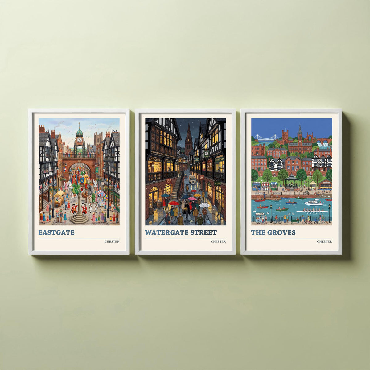 Chester Set of Three Art Prints - Eastgate, Watergate Street, The Groves - 3 Colourful Folk Illustration Travel Posters - Cheshire Painting
