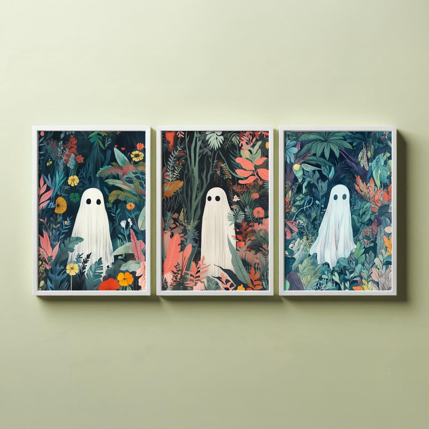 Botanical Ghost Set of Three Art Prints - 3 Cute Jungle Ghost Posters - Whimsical Folk Illustration Wall Decor Spooky Gift
