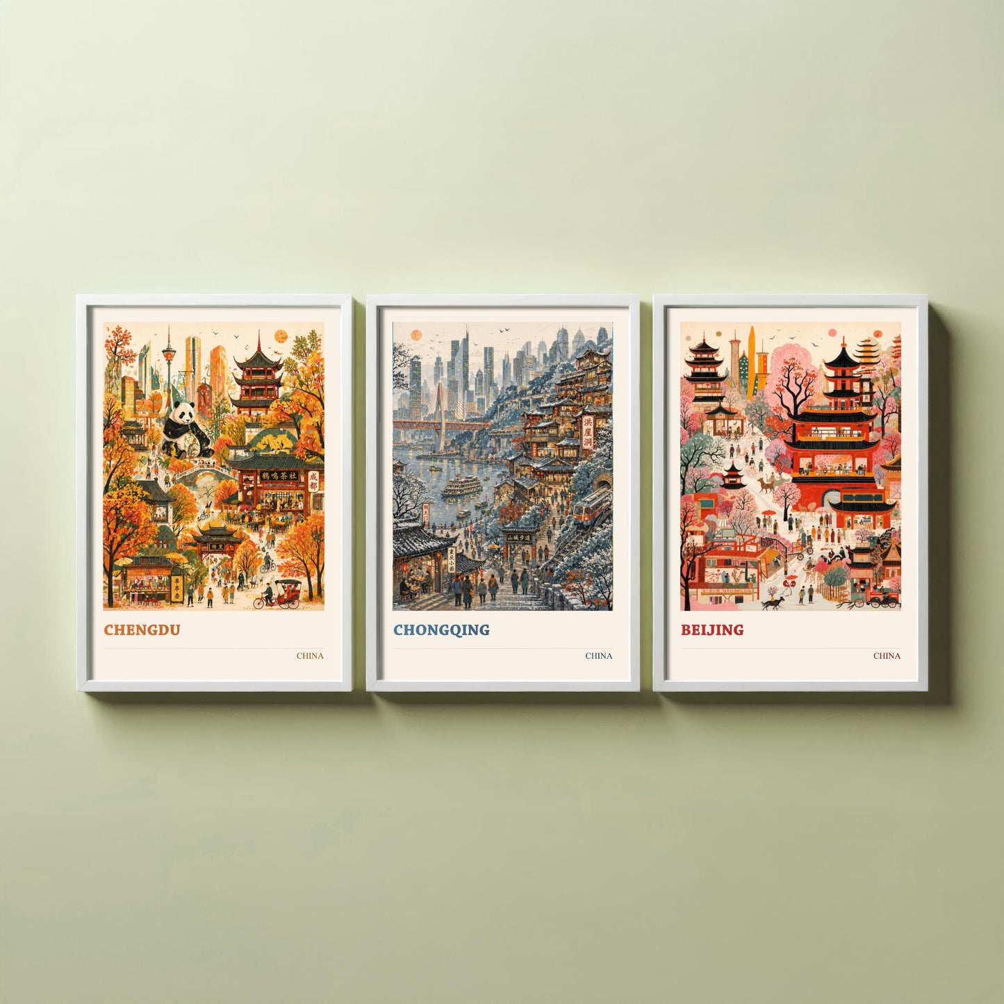 China Set of Three Prints | Chengdu Chongqing Beijing | Vibrant Folk Art Travel City Painting Wall Poster