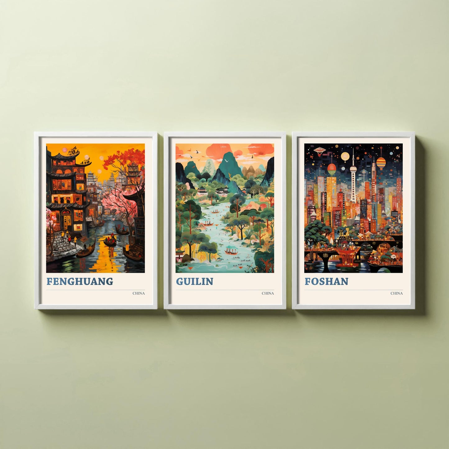 China Set of Three Prints | Fenghuang Guilin Foshan | Vibrant Folk Art Travel Landscape Painting Wall Poster