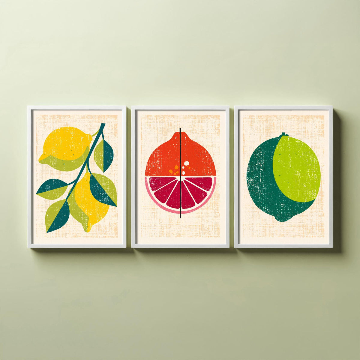 Lemon Lime and Blood Orange Set of Three Art Prints - Rustic Citrus Fruit Kitchen Wall Art - Linocut Style Illustration Poster V1