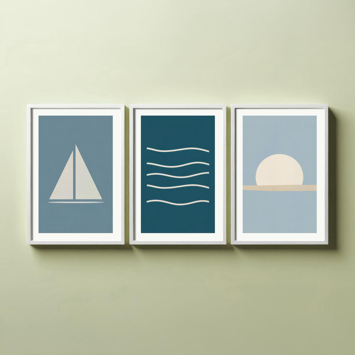 Minimalist Sailboat Set of Three Art Prints - Sailing Boat, Ocean Waves, Setting Sun - Coastal Nautical Blue Poster Illustration V1