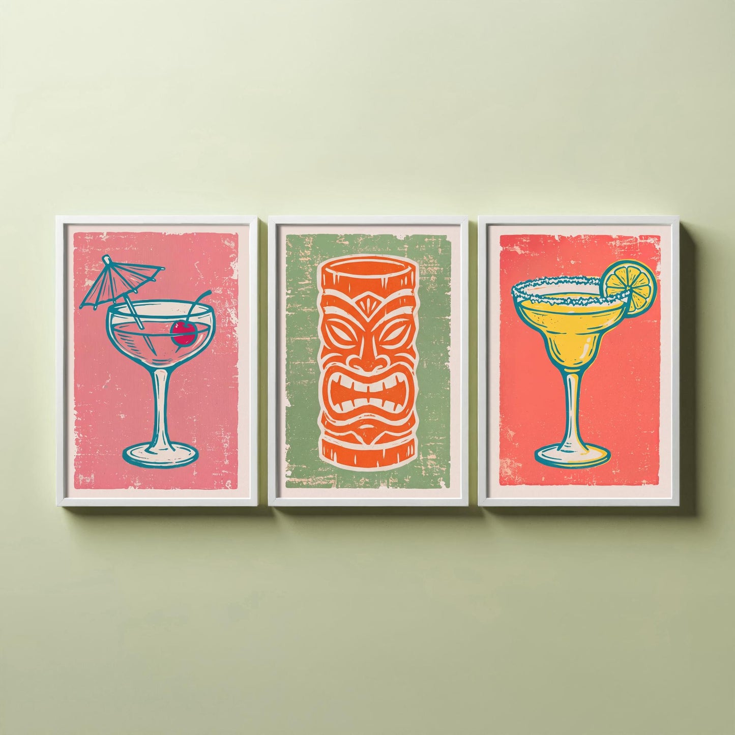Coupe Glass, Tiki Mug and Margarita - Set of Three Linocut Illustrations - Cocktail Art Prints - Home Bar Cart Posters V2