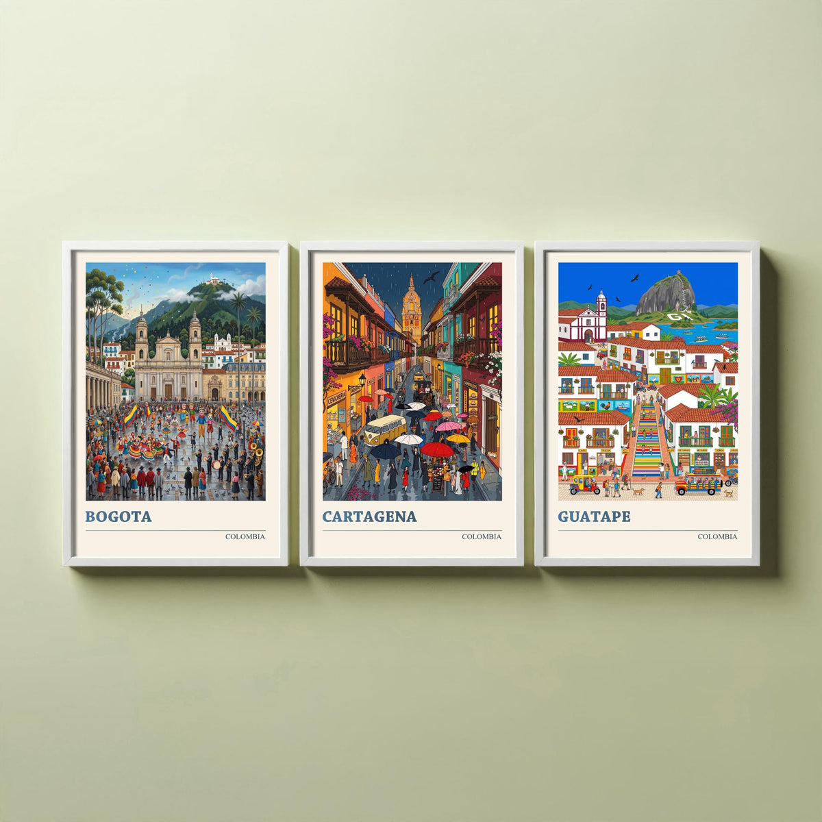 Colombia Set of Three Art Prints - Bogota, Cartagena, Guatape - 3 Colourful Folk Illustration Travel Posters - Latin American Painting