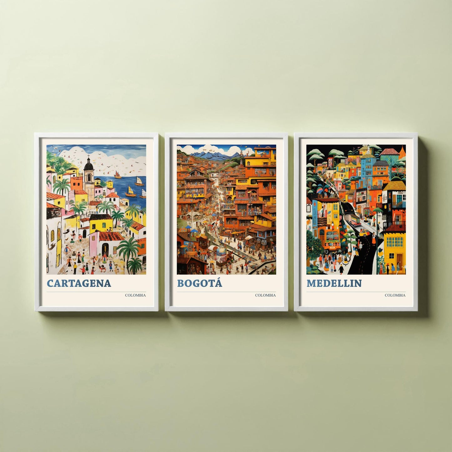 Colombia Set of Three Art Prints - Cartagena, Bogota, Medellin - Vibrant Modern Travel Posters - Colourful Illustration Wall Set