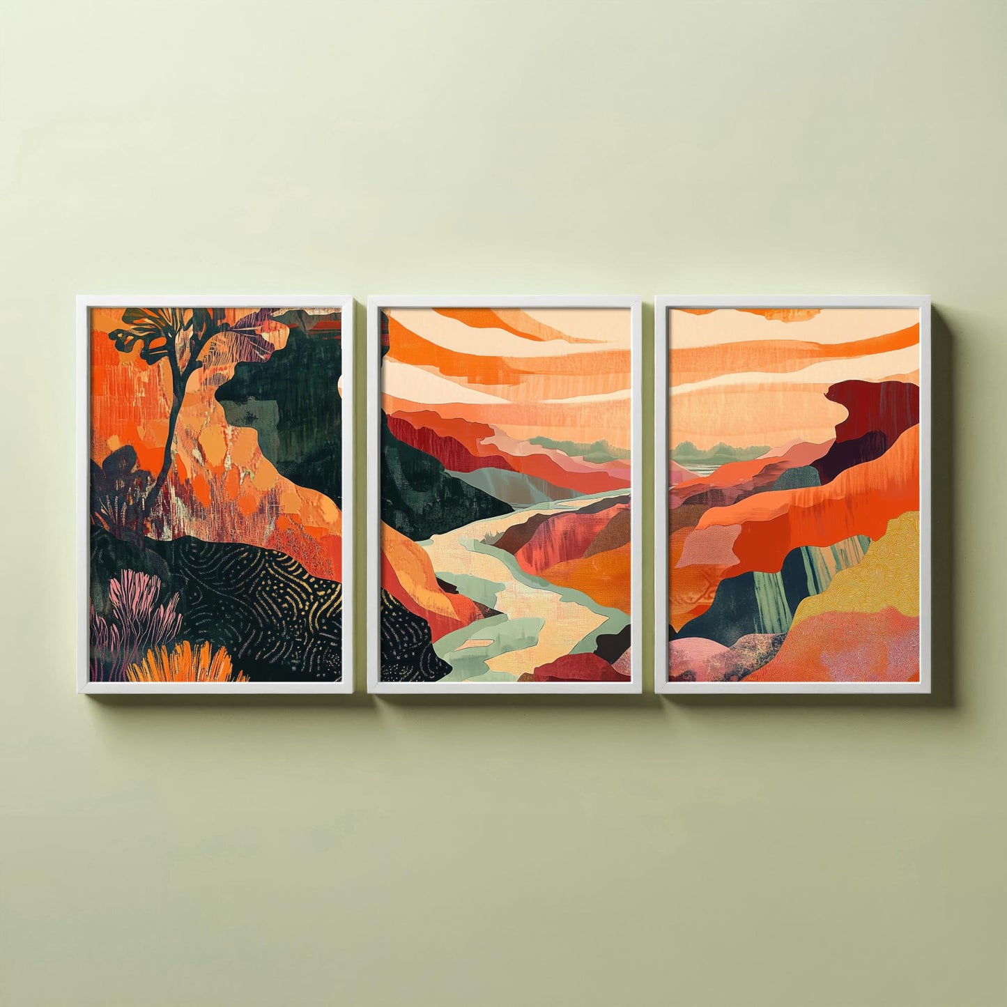 Conceptual Canyon Set of Three Art Prints V10 - Coral Patchwork Gorge - Boho Abstract Landscape Collage Illustration Poster Decor