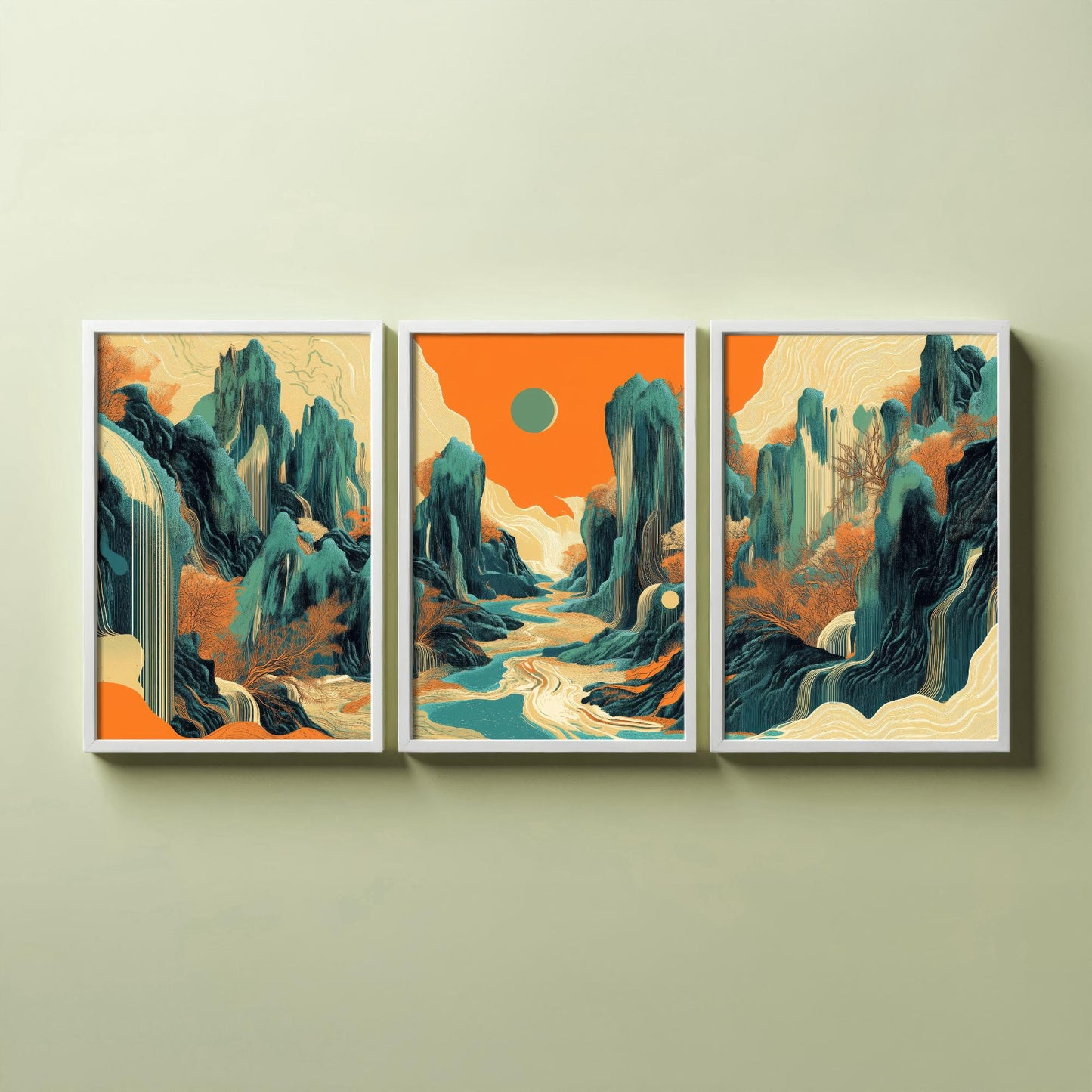 Conceptual Canyon Set of Three Art Prints V2 - Teal Karst Panorama - Abstract Landscape River Illustration Poster Wall Decor