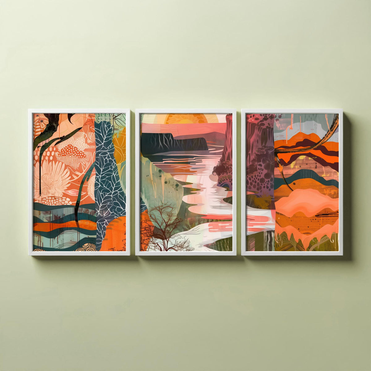 Conceptual Canyon Set of Three Art Prints V6 - Terracotta Patchwork Valley - Boho Abstract Landscape Collage Illustration Poster