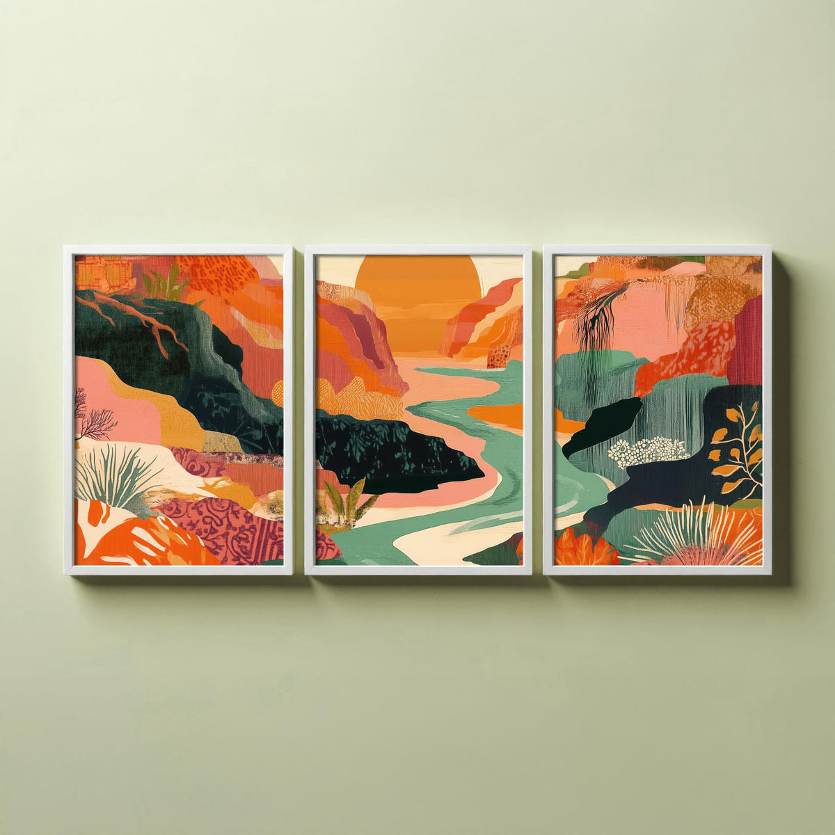 Conceptual Canyon Set of Three Prints V9 - Sunset Gorge Collage Panorama - Boho Abstract Landscape Illustration Wall Art Poster