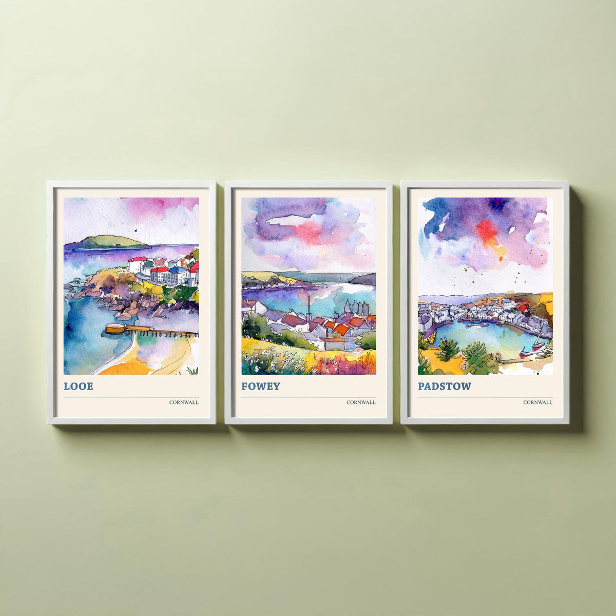 Cornwall Set of Three Prints | Looe Fowey Padstow | Loose Watercolour Coastal Harbour Wall Art Poster Painting