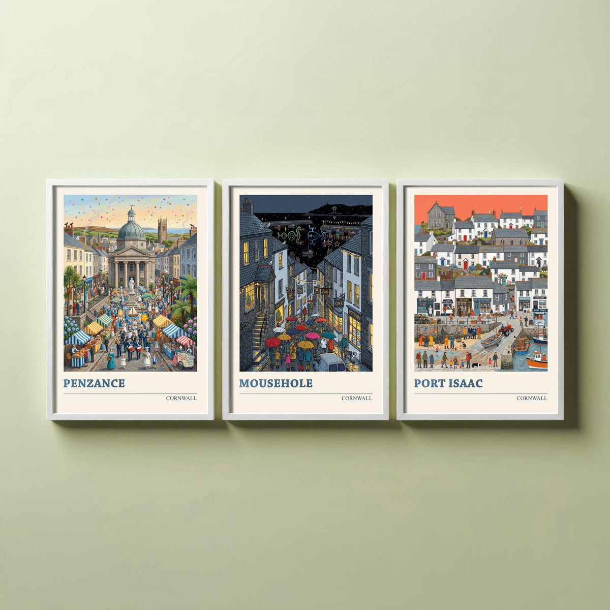 Cornwall Set of Three Art Prints - Penzance, Mousehole, Port Isaac - 3 Colourful Folk Illustration Travel Posters - Cornish Painting