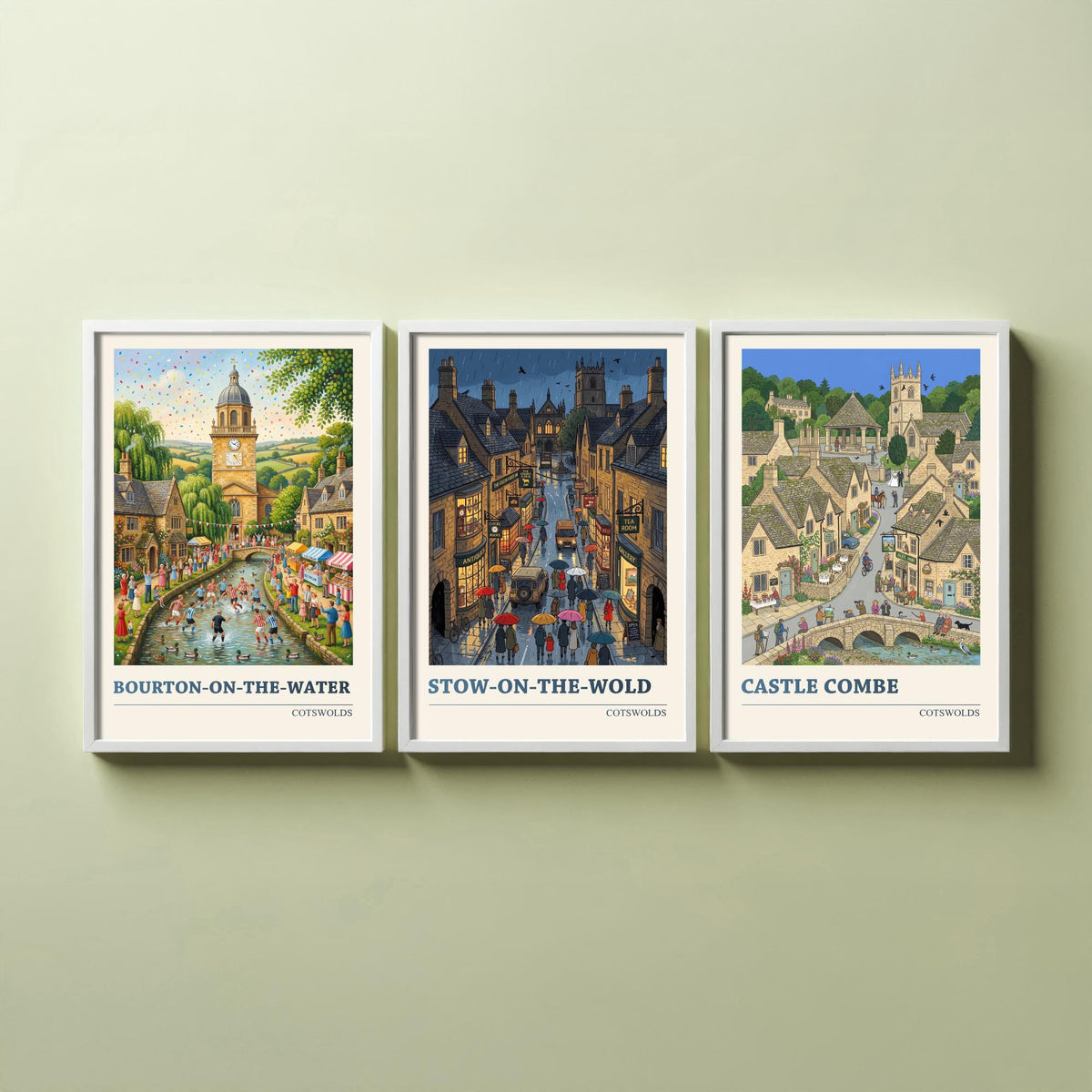 Cotswolds Set of Three Art Prints - Bourton-on-the-Water, Stow-on-the-Wold, Castle Combe - 3 Folk Illustration Travel Posters