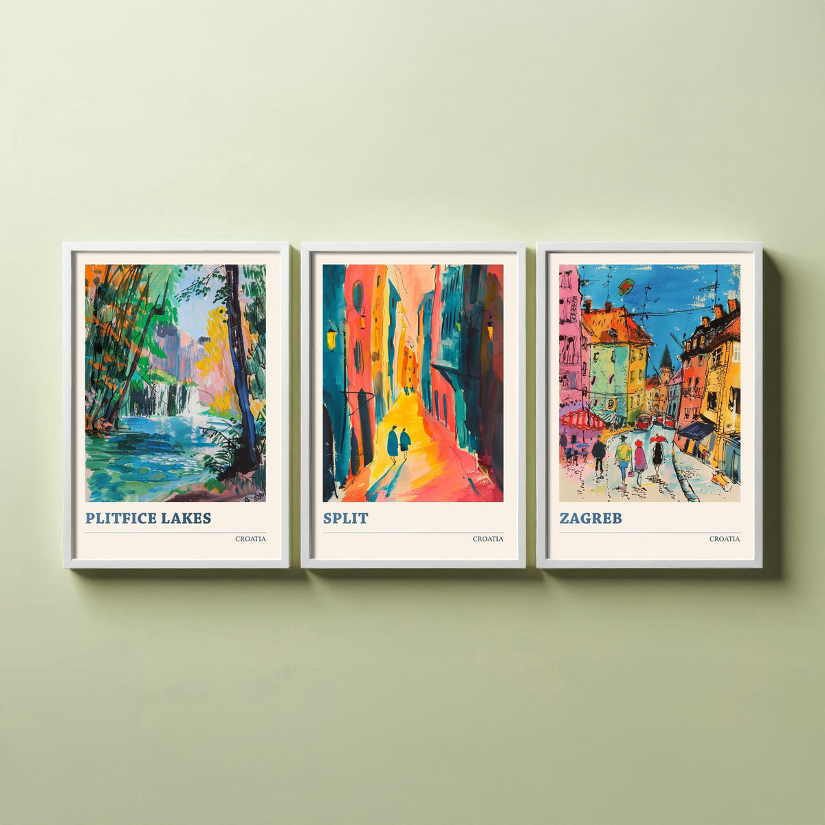 Croatia Set of Three Prints | Plitvice Lakes Split Zagreb | Vibrant Expressive Travel Landscape Painting Poster