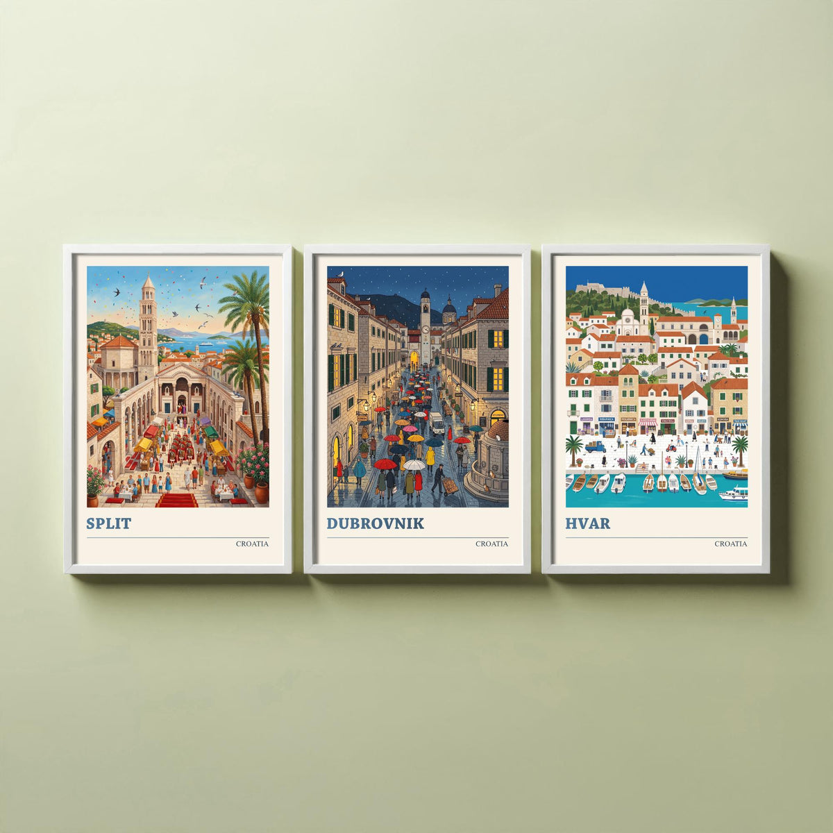 Croatia Set of Three Art Prints - Split, Dubrovnik, Hvar - 3 Colourful Folk Illustration Travel Posters - Dalmatian Painting