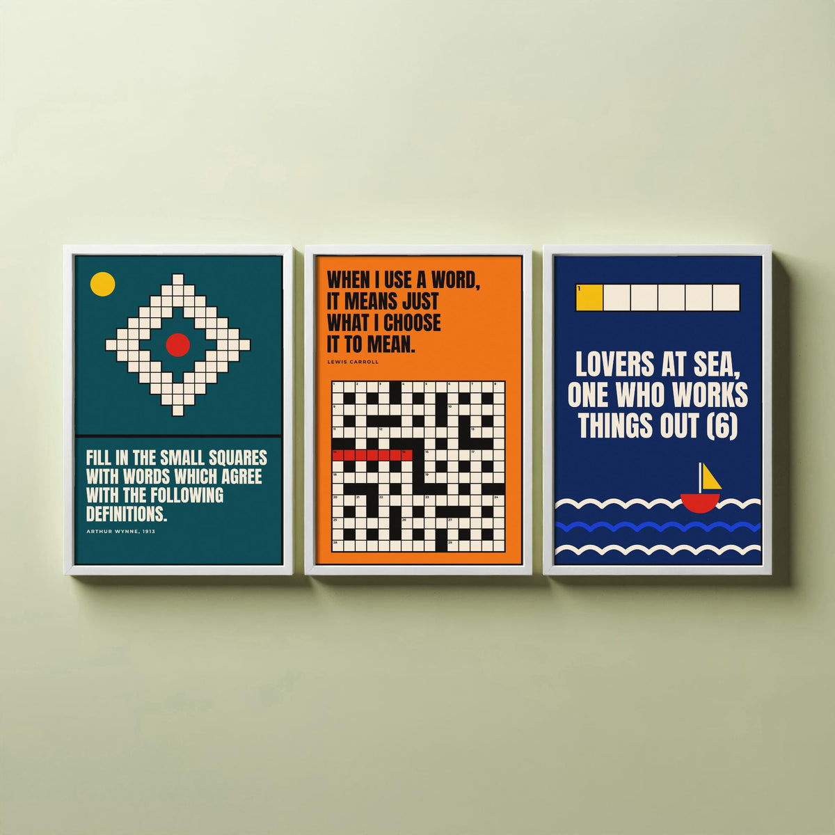 Cryptic Crossword Quotes Set of Three Art Prints - 3 Bauhaus Puzzle Posters - Minimalist Word Wall Art Illustration V1