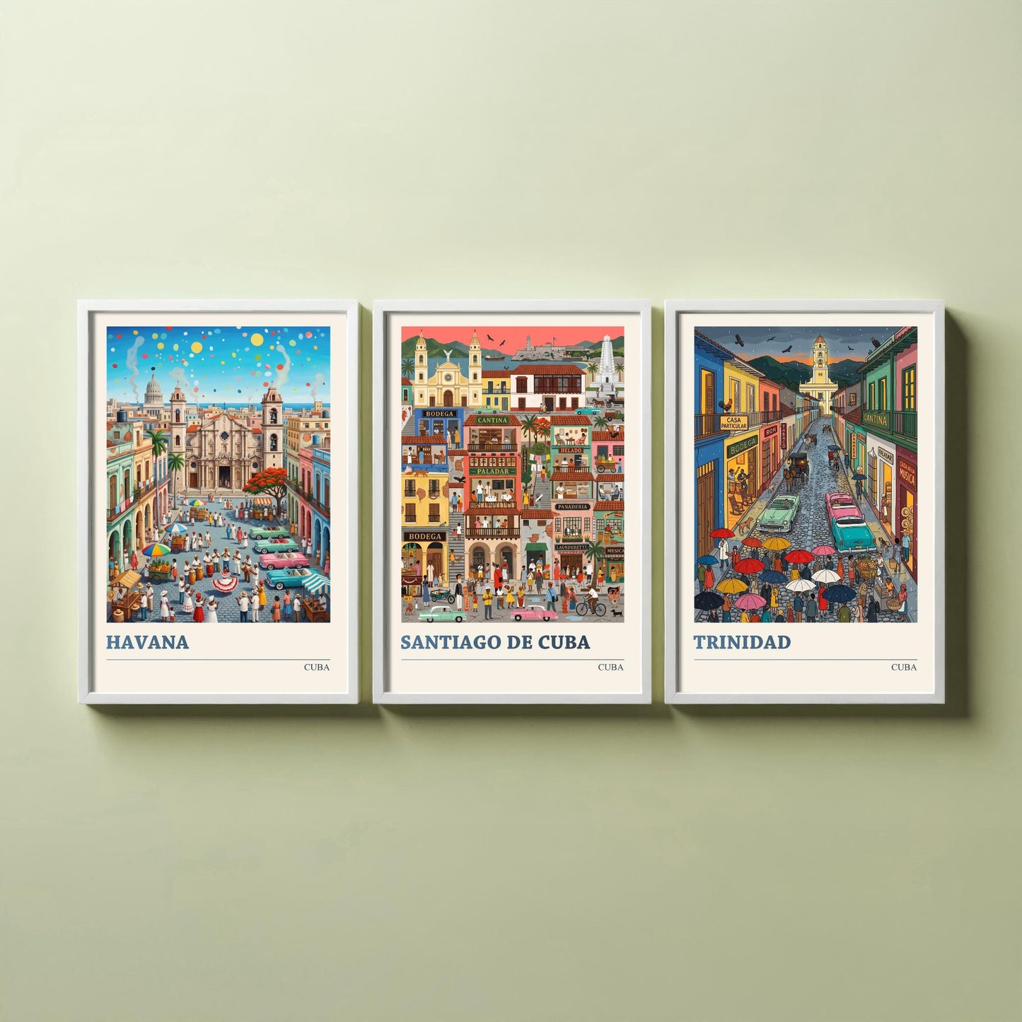 Cuba Set of Three Art Prints - Havana, Santiago de Cuba, Trinidad - 3 Colourful Folk Illustration Travel Posters - Caribbean Painting