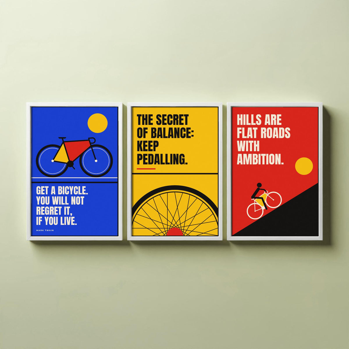 Cycling Quotes Set of Three Art Prints - 3 Bauhaus Bicycle Posters - Minimalist Sport Wall Art Illustration V1