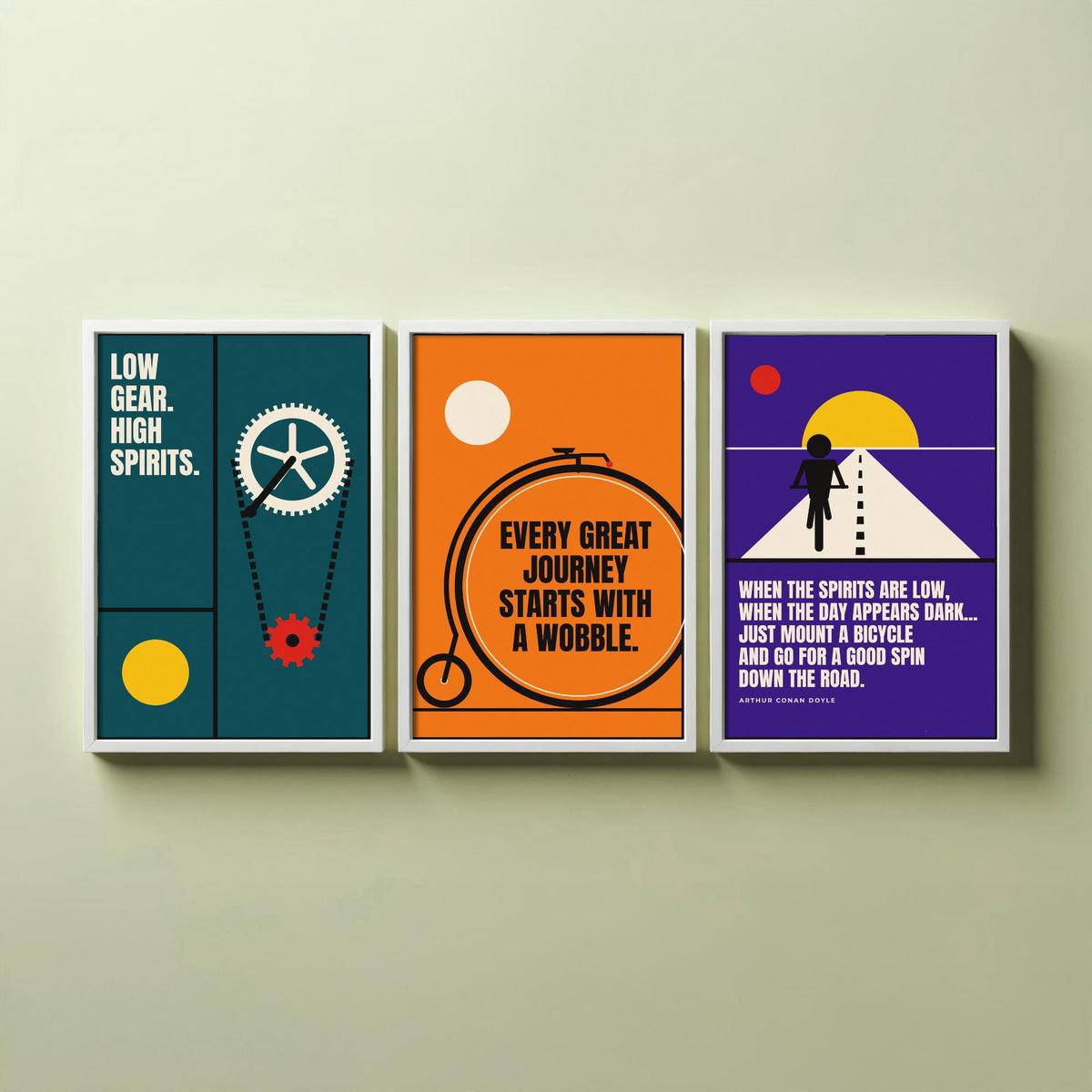 Cycling Quotes Set of Three Art Prints - 3 Retro Bauhaus Bicycle Posters - Minimalist Sport Wall Art Illustration V2
