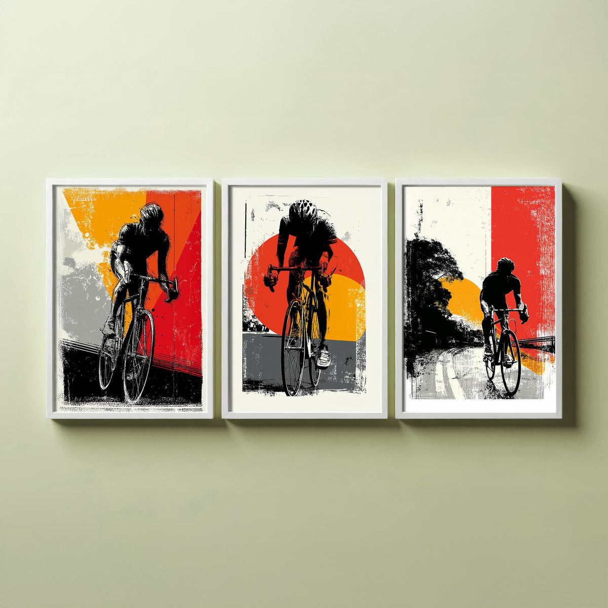 Cycling Set of Three Art Prints - 3 Cyclist Posters - Retro Block Print Red Orange Grey Bike Wall Art Gift Illustration