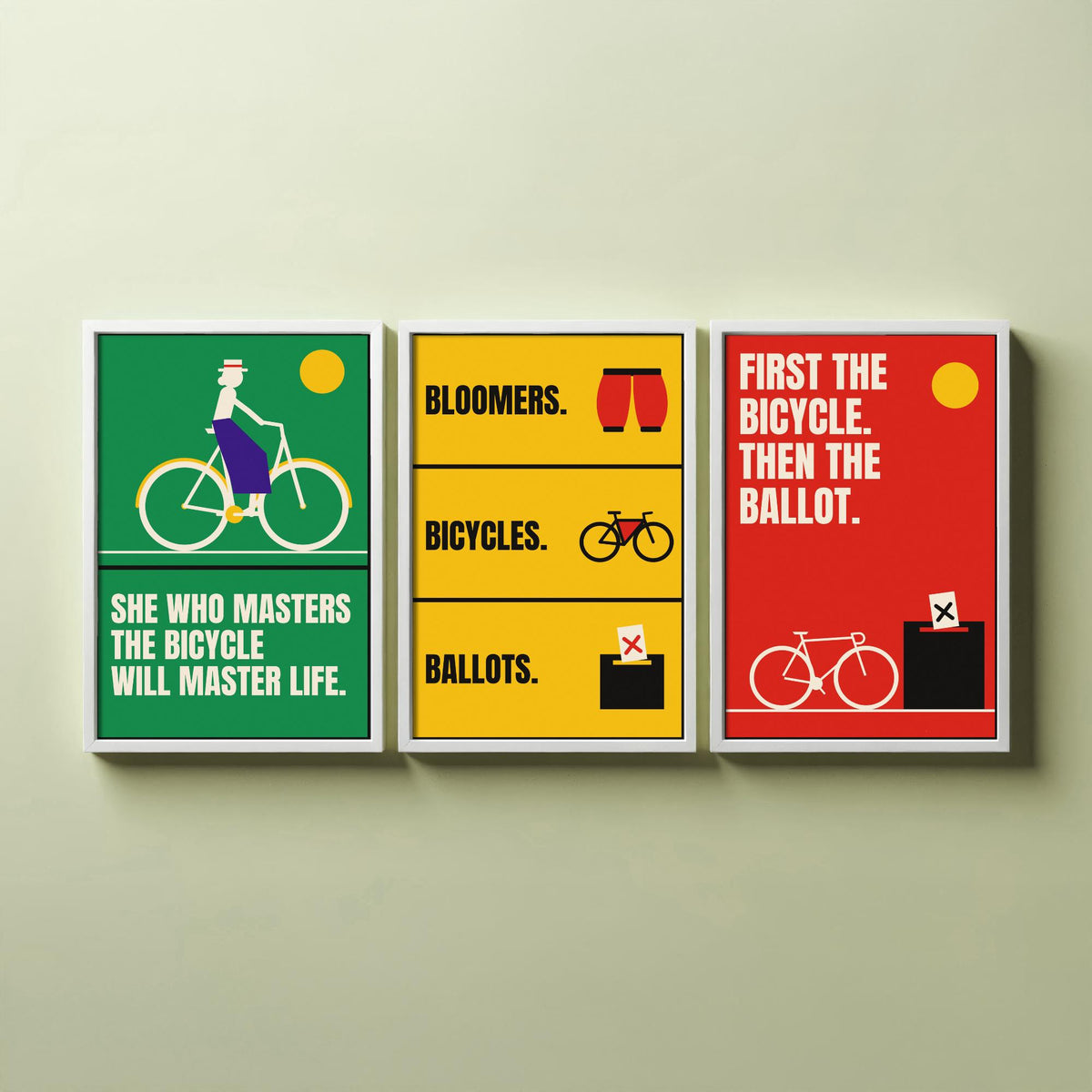 Cycling Feminism Quotes Set of Three Art Prints - 3 Bauhaus Women Cyclists Posters - Minimalist Feminist Wall Art Illustration V1