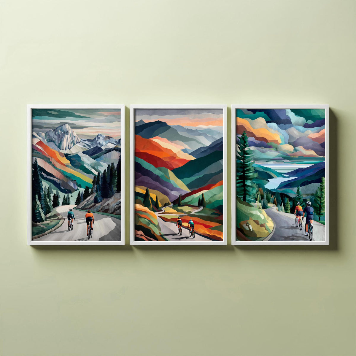 Cycling Set of Three Art Prints - 3 Mountain Road Cyclist Posters - Collage Landscape Wall Art Gift Cycling Painting V1