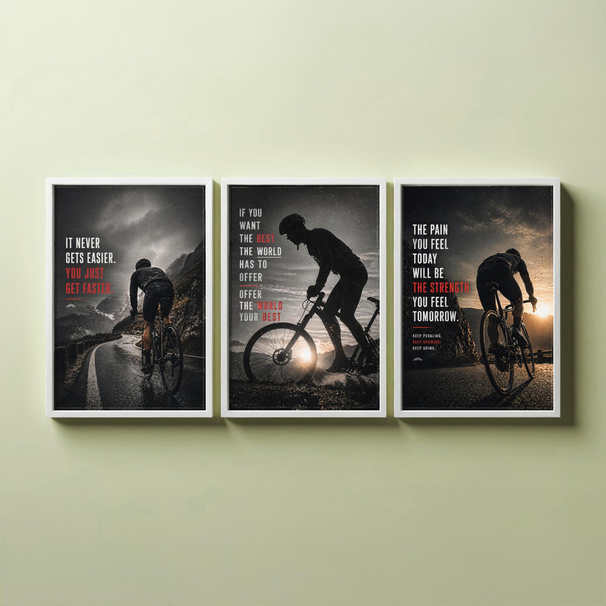 Cycling Motivation Set of Three Prints - 3 Inspirational Quote Posters - Road Cyclist Photo Wall Art Gift Gym Motivational