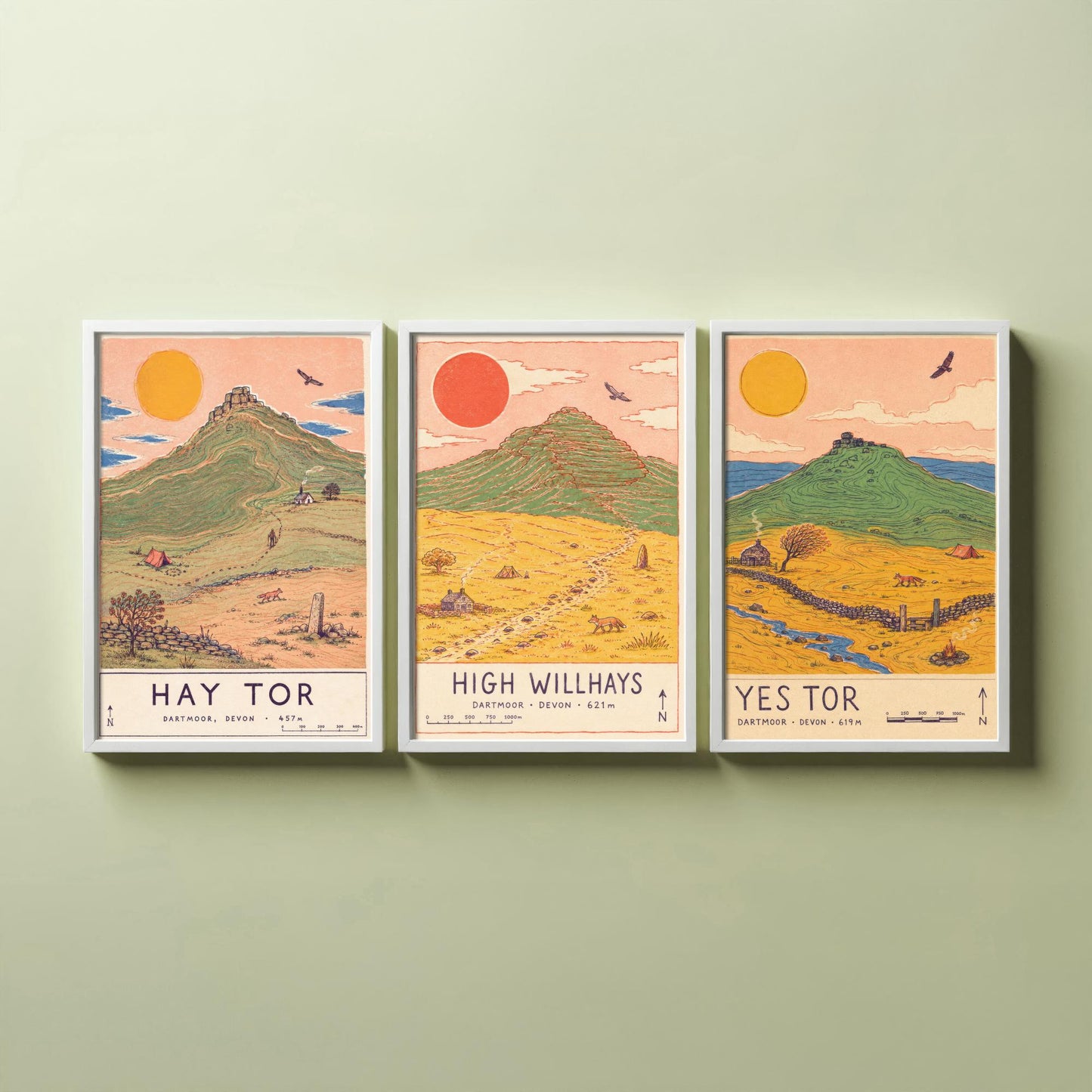Dartmoor Set of Three Travel Posters - Hay Tor, High Willhays, Yes Tor - Devon Art Print Illustration Gift Hiking Decor