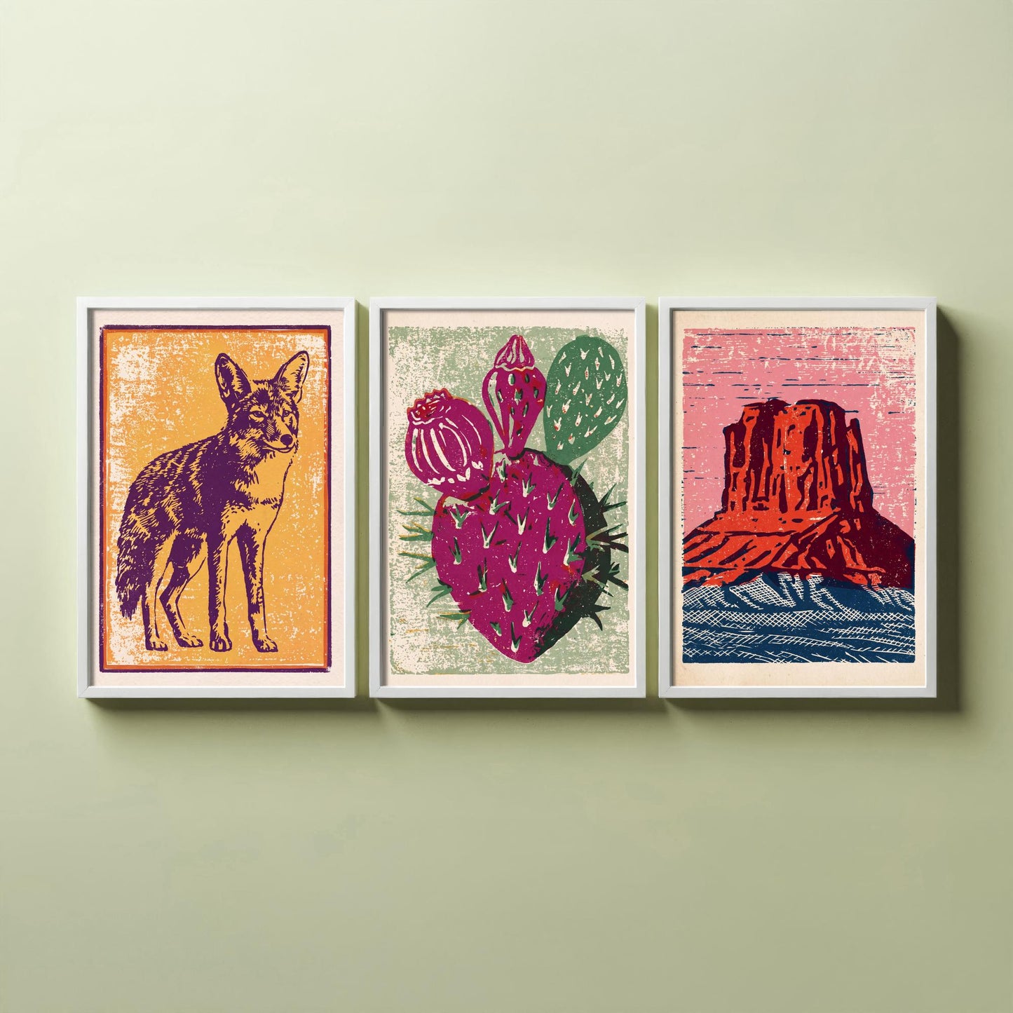 Desert Southwest Set of Three Art Prints - Coyote, Prickly Pear, Red Mesa Butte - Boho Linocut Posters - Western Illustration V2