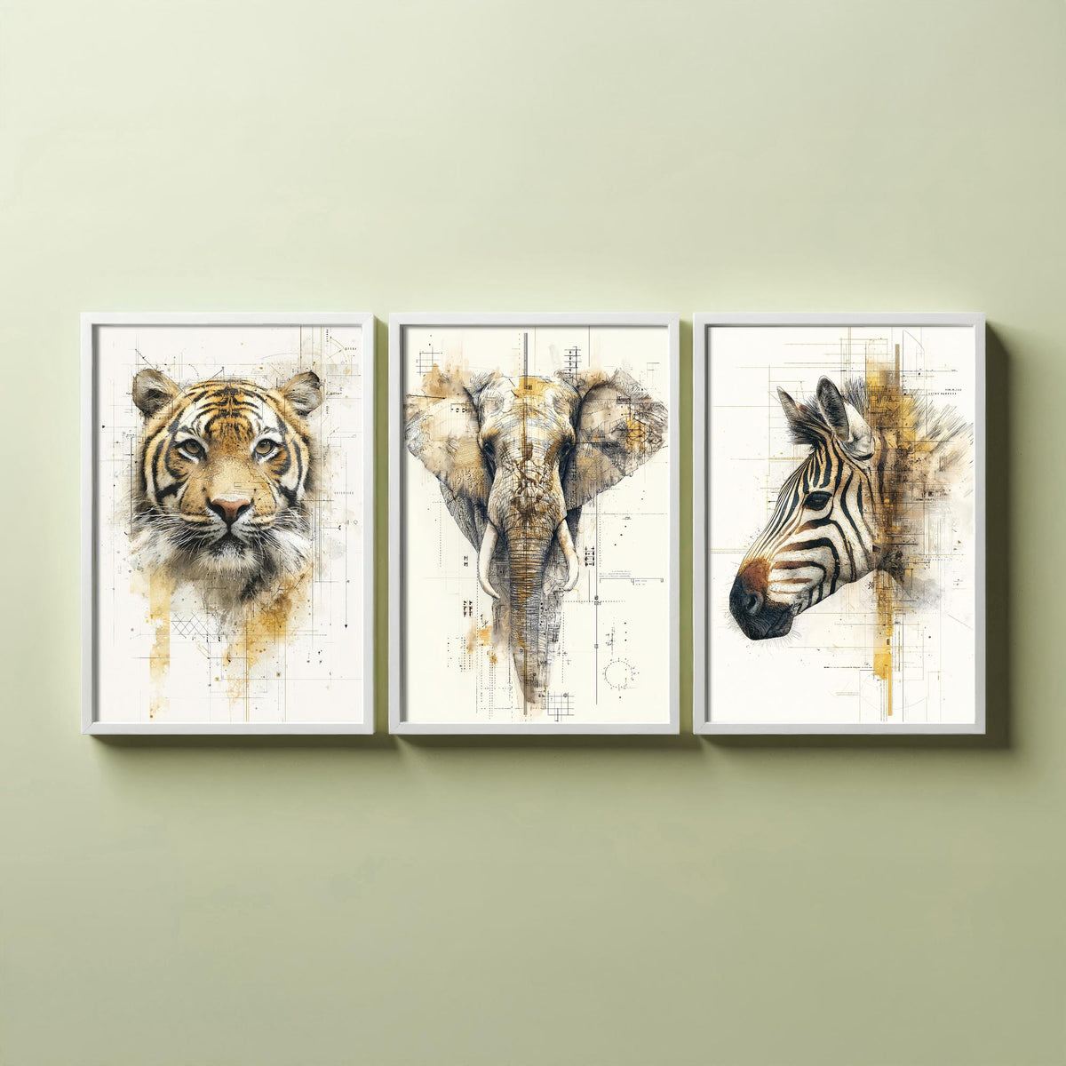 Safari Animals Set of Three Art Prints - 3 Tiger Elephant Zebra Posters - Gold Blueprint Watercolour Wall Art Illustration