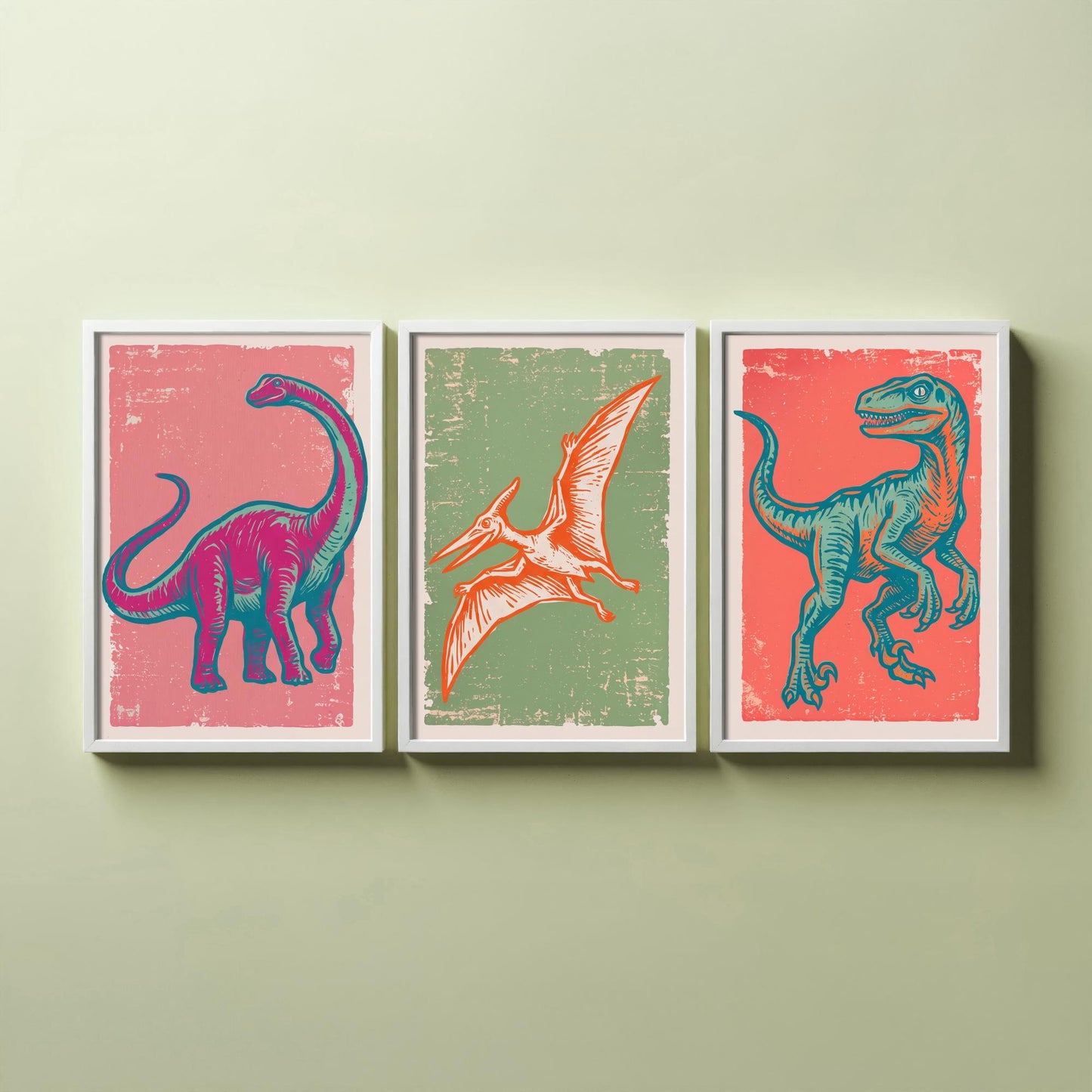 Diplodocus, Pterodactyl & Velociraptor - Set of Three Dinosaur Art Prints - Linocut Illustrations - Dino Posters V2