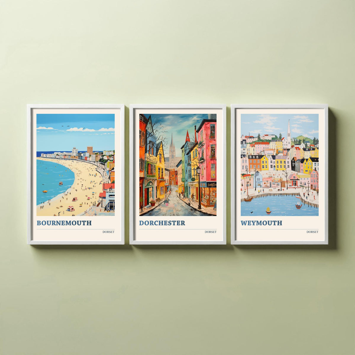 Dorset Set of Three Prints | Bournemouth Dorchester Weymouth | Vibrant Folk Art Travel Coastal Painting Wall Poster