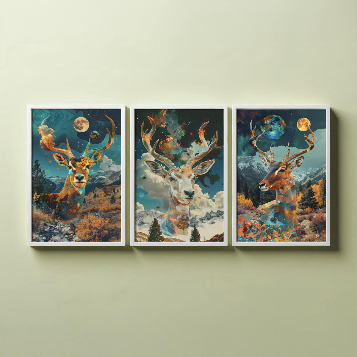 Deer and Antelope Set of Three Art Prints - 3 Double Exposure Surreal Posters - Autumn Forest Nature Wall Art Gift Painting