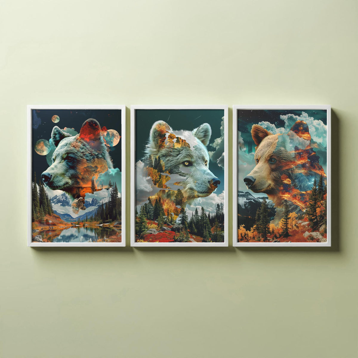 Bear Set of Three Art Prints - 3 Double Exposure Grizzly Posters - Forest Mountain Surreal Nature Wall Art Gift Painting
