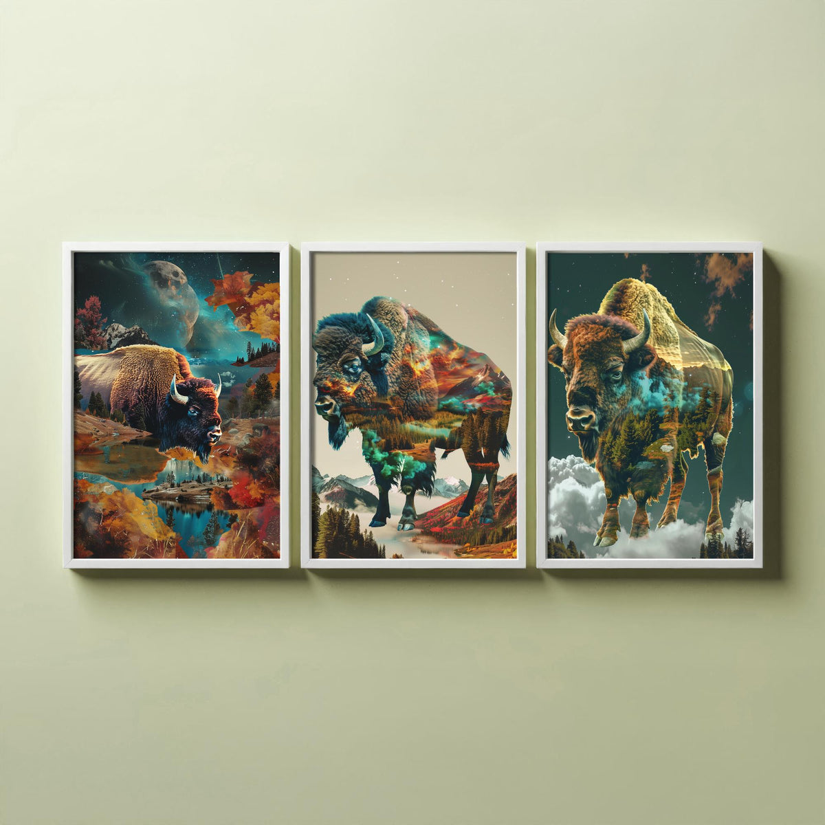 Bison Set of Three Art Prints - 3 Double Exposure Wildlife Posters - Autumn Mountain Surreal Nature Wall Art Gift Painting