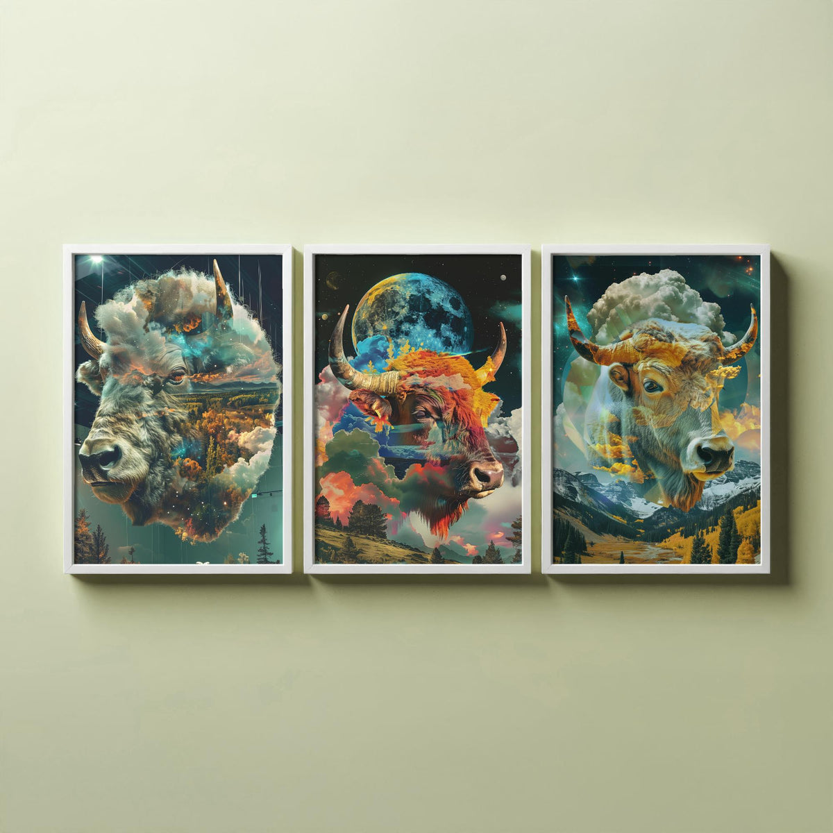 Buffalo Set of Three Art Prints - 3 Double Exposure Bull Posters - Surreal Sky Cloud Nature Wall Art Gift Illustration