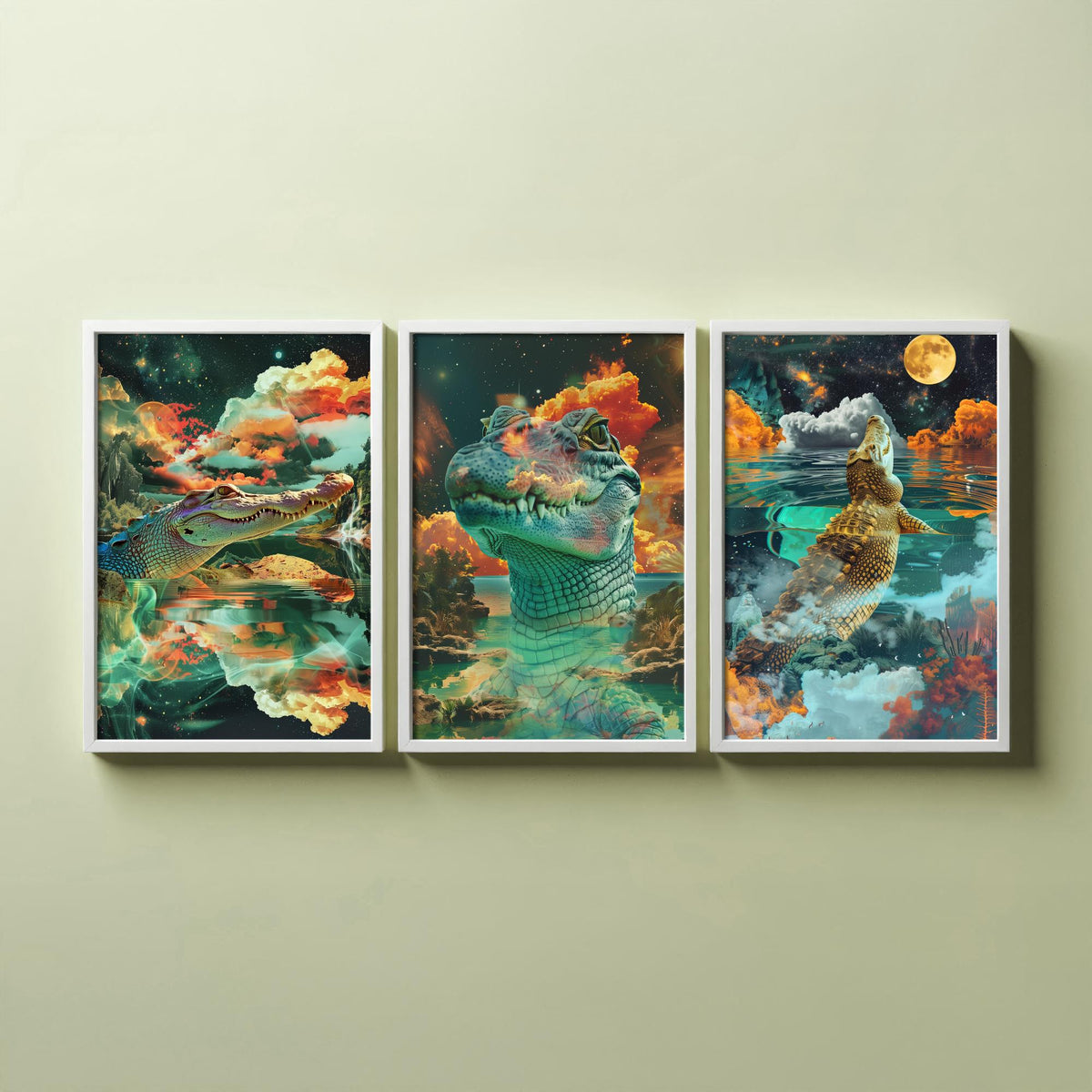 Crocodile Set of Three Art Prints - 3 Double Exposure Reptile Posters - Surreal Water Cloud Nature Wall Art Gift Painting