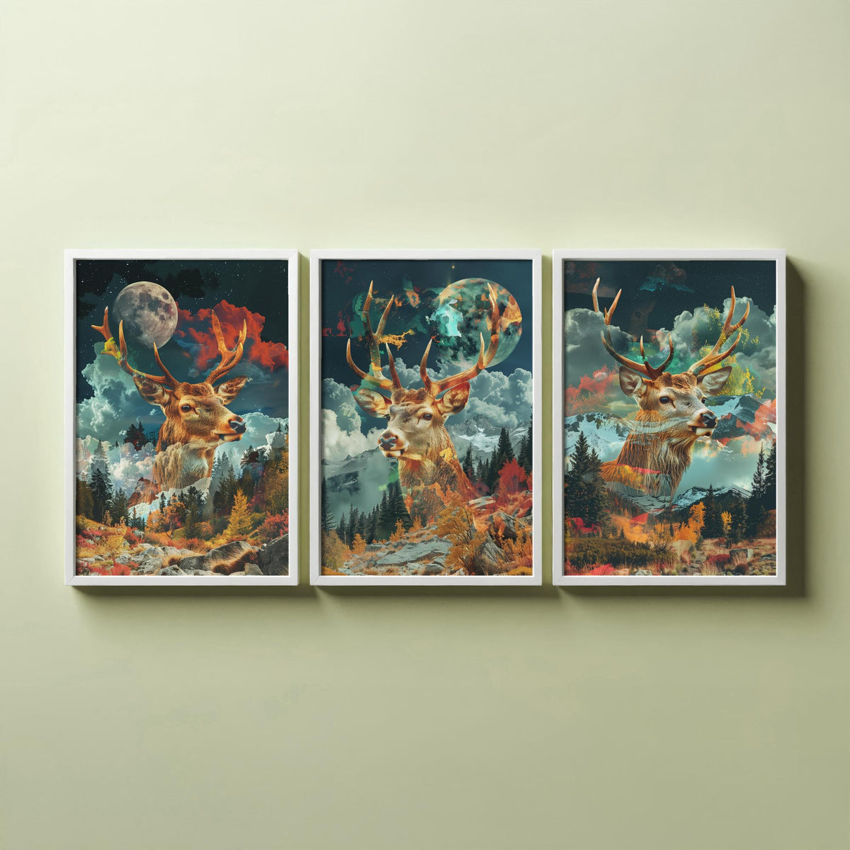 Stag Deer Set of Three Art Prints - 3 Double Exposure Woodland Posters - Autumn Forest Surreal Nature Wall Art Gift Painting
