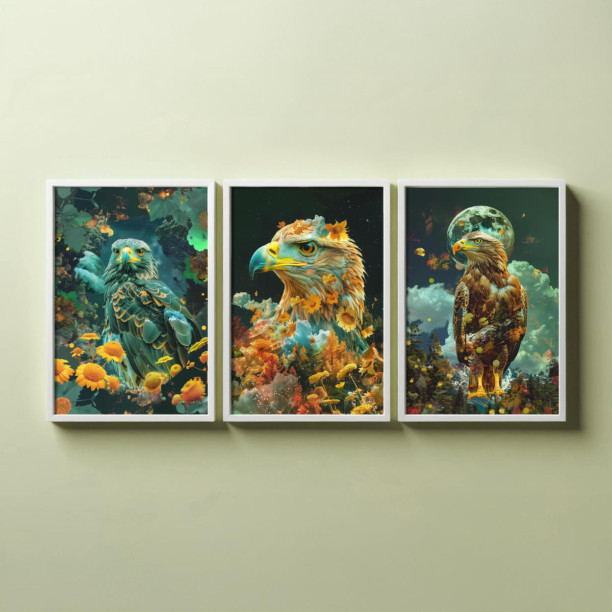 Eagle Set of Three Art Prints - 3 Double Exposure Bird Posters - Surreal Floral Sky Nature Wall Art Gift Painting Decor